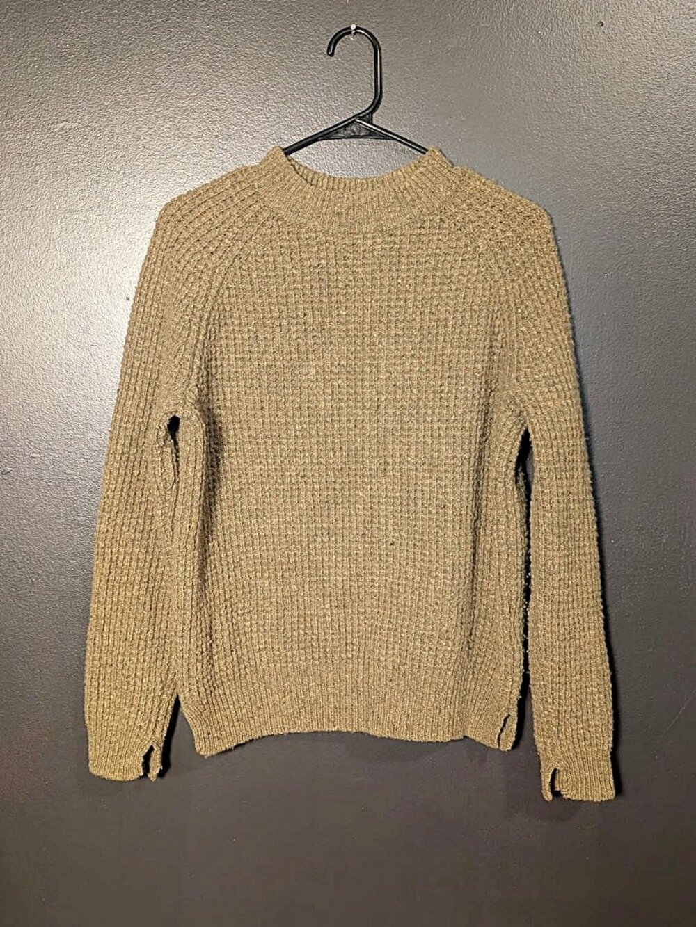 GANNI Hensley Chunky Knit Waffle Sweater | Mock Neck Earthy Fleck Neutral Olive
